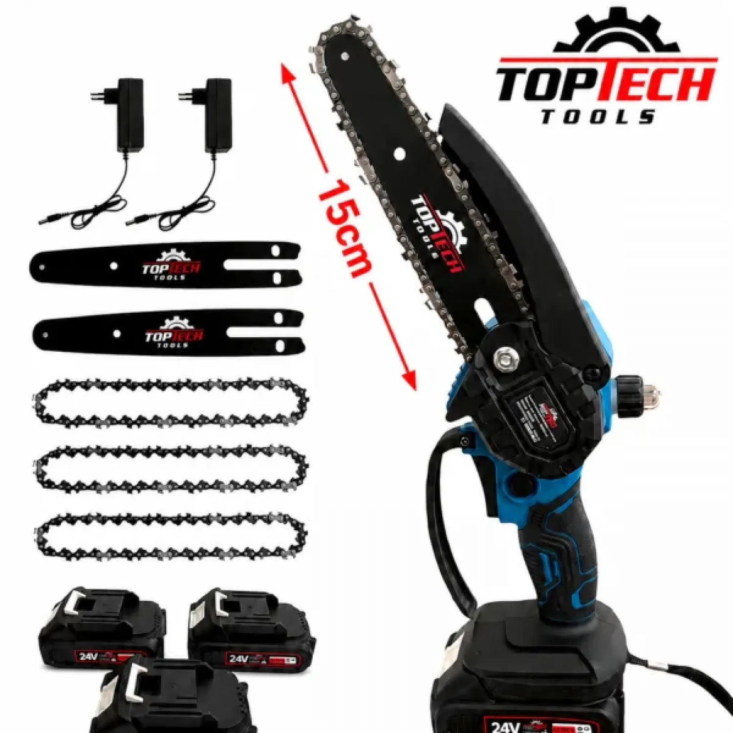 Επαναφορτιζόμενο Kλαδευτικό Αλυσοπρίονο TOPTECH Με Αυτόματη Λίπανση και 3 Μπαταρίες 24V/5AH